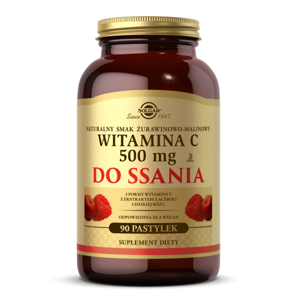Solgar Witamina C 500 mg do ssania: smak żurawinowo-malinowy, 90 pastylek