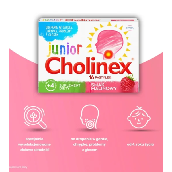 Cholinex Junior suplement diety od 4 roku życia, 16 pastylek do ssania, smak malinowy